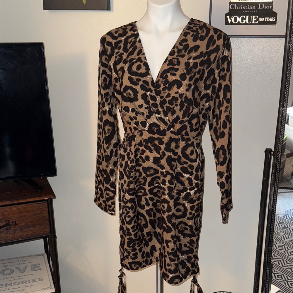 Leopard Print Wrap Mini Dress - Brown/Black